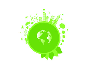 green planet earth with leaves and green city concept sustainable ecosystems vector illustration 