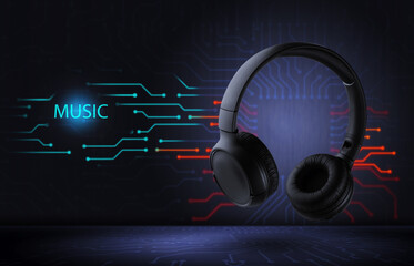 Electronic music. Wireless black headphones on a futuristic background. ... High quality sound.