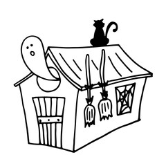 Vector illustration of an old house in the Halloween holiday. A ghost flies out of the round window. The cat is sitting on the roof, on which two witch's brooms are suspended. There is a spider web.