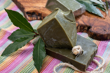 Blocks of handmade bio vegetal laurel bay leaf soap