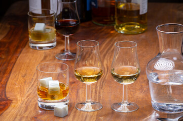 Tasting glass with strong alcoholic spirit drink whisky, cognac, armagnac or calvados