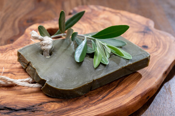 Block of handmade bio vegetal natural olives and bay leaf soap