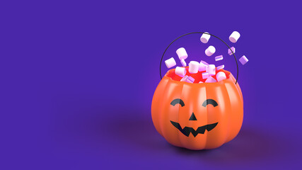 3D illustration Halloween candy bucket on violet background