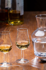 Tasting glass with strong alcoholic spirit drink whisky, cognac, armagnac or calvados