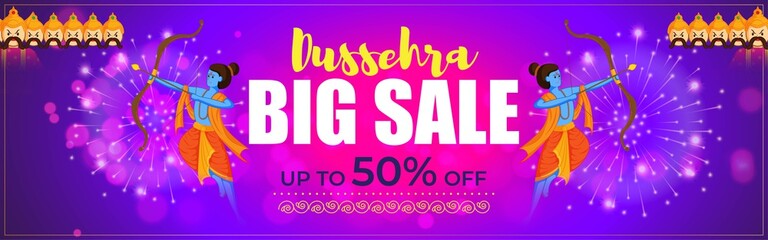 Vector illustration of Dussehra Sale banner, upto 50% off, Indian festival offer, Lord Rama holding bow and arrow in hands killing Ravana, fireworks on beautiful bokeh background.