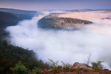 solid fog over the river, valley autumn morning view, berounka, czech republic
