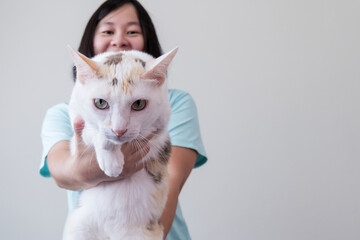 Asian woman holding a cat in front of a camera. This picture has space for putting description.