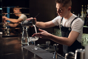 a young bartender makes a milk cocktail with a shaker on the bar.