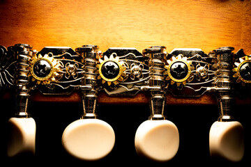 Close Up of Mandolin Tuning System with Ornate Metal and Wood Grain