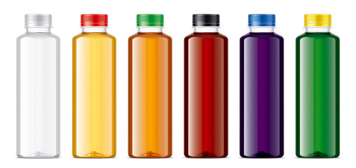 Set of Plastic Bottles with transparent drinks. 