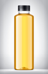 Plastic Bottle with apple juice on background. 