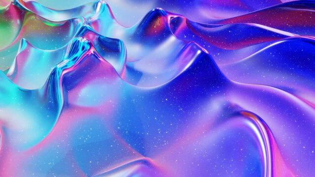 Looped abstract background. Beautiful iridescent wavy surface of liquid with pattern, gradient color and flow waves on it. Rainbow glossy and matt fluid. Creative bright bg with soft smooth animation.