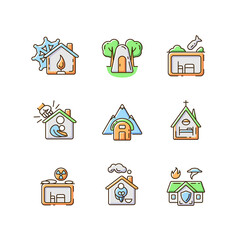 Human shelters RGB color icons set. Temporary residence for homeless people. Night time shelter opportunity. Warming center. Emergency shelter. Silhouette symbols. Vector isolated illustrations