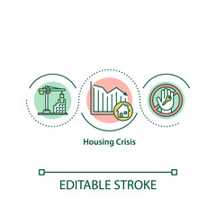 Housing crisis concept icon. Economic problems. Affordable house. Homelessness. Subprime mortgage crisis idea thin line illustration. Vector isolated outline RGB color drawing.