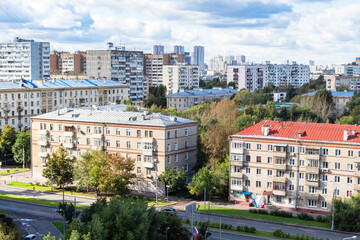 above view of residential district Koptevo in Moscow city on sunny September day