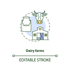 Dairy farms concept icon. Farm production types. Fresh milk production. Organic cheese. Animal foods idea thin line illustration. Vector isolated outline RGB color drawing. Editable stroke