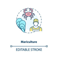 Mariculture concept icon. Shellfish production. Seafoods growing process. Luxury meals. Aquaculture idea thin line illustration. Vector isolated outline RGB color drawing. Editable stroke