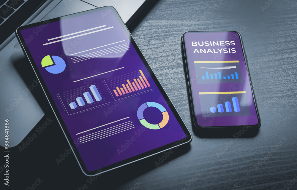 Aufkleber business analysis with charts, graphs, financial marketing dashboard graphics. social network diagra