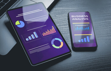 Business Analysis with charts, graphs, Financial Marketing Dashboard Graphics. Social network...