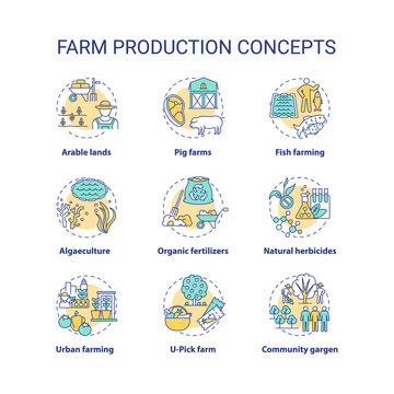 Farm production concept icons set. Natural gardening resourses. Innovational cultivation. Farm types idea thin line RGB color illustrations. Vector isolated outline drawings. Editable stroke