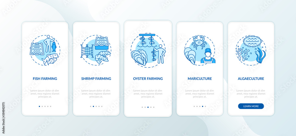 Poster aquaculture onboarding mobile app page screen with concepts. fish farming. food production walkthrou