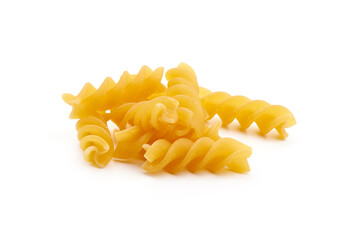Raw fusilli pasta, close-up, isolated on white background