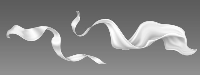 Flying white silk ribbon and satin fabric. Vector realistic set of billowing velvet clothes, scarf or cape in blowing wind. Luxury white textile drapery, flowing tissue isolated on grey background