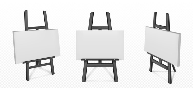 Black wooden easel with white canvas in front and angle view. Vector realistic mockup of wood stand with blank board for paintings, tripod for drawing art isolated on transparent background