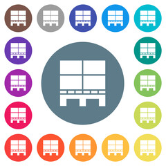 Pallet with boxes flat white icons on round color backgrounds