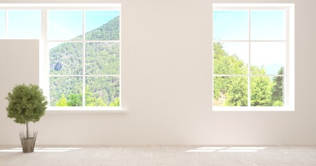 Stylish empty room in white color with summer landscape in window. Scandinavian interior design. 3D illustration