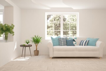 White living room with sofa and summer landscape in window. Scandinavian interior design. 3D illustration