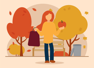 Vector autumn concept. A girl stands and holds a pumpkin and a bag with purchases in her hands. Autumn shopping. Can be used for website and web banner.