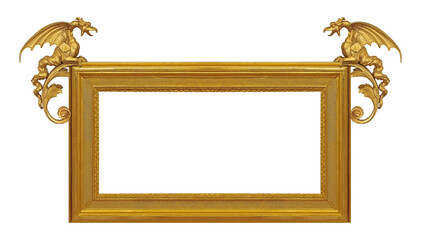 Panoramic golden frame with dragons for paintings, mirrors or photo isolated on white background