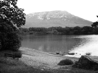 Black and white irish landscape and water reflection