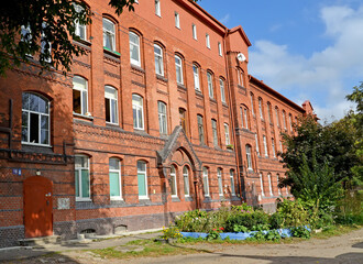 Fototapeta na wymiar The brick building of the Lebenikht hospital (1903). Kaliningrad