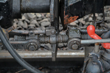 Details von Reisewagons, Kupplung und Puffer.