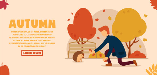 Fototapeta na wymiar Vector autumn concept. A man in an autumn, beautiful park feeds a hedgehog from his hands. Autumn animals. Can be used for website and web banner.