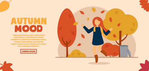 Vector concept of autumn mood. A girl in a beautiful autumn park rejoices in nature and throws colorful leaves over her. Autumn entertainment. Can be used for website and web banner.