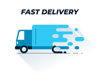 Delivery truck flat illustration. Creative vector illustration of a fast moving freight car. Small truck icon. Represents concept of express delivery, large cargo transportation, delivery service logo