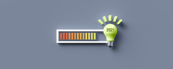 lightbulb and text 2021 with a loading bar indicator on grey-blue background