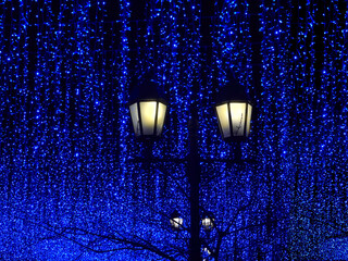 Street lamp in the evening against the background of many hanging garlands that glow blue. Festive atmosphere on Christmas eve. Bright, mysterious background.