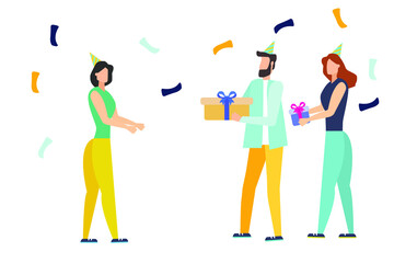 friends giving girlfriend a gift, vector illustration