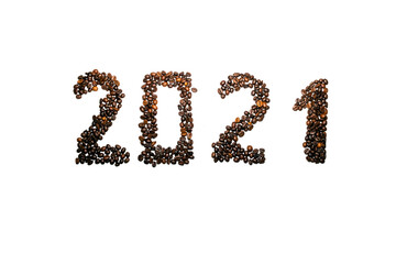 2021 laid out from coffee beans on a white background. christmas coffee house concept