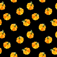 Watercolor hand-drawn pattern. Pumpkin autumn harvest halloween. Illustration isolated on Black