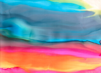 Bright colorful flow background. Abstract ink painting. Watercolor drips. Modern Wallpaper