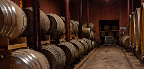 Wooden barrels for wine aging in the cellar. Italian wine.