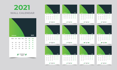 Wall calendar design 2021 template Set of 12 Months, Week starts Monday, Stationery design, calendar planner
