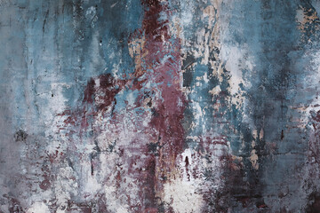Grunge texture wall. Blue, red and white color. Element for room interior in vintage old style.