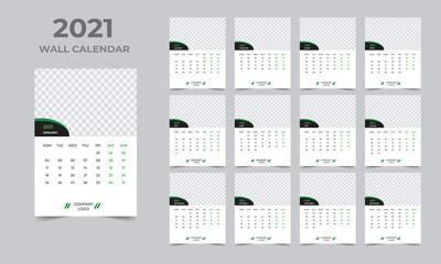 Wall calendar design 2021 template Set of 12 Months, Week starts Monday, Stationery design, calendar planner
