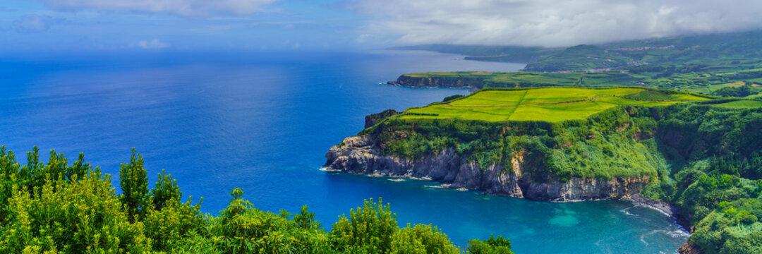Panorama view to coastline of Sao Miguel island from Santa Iria viewpoint in Azores
